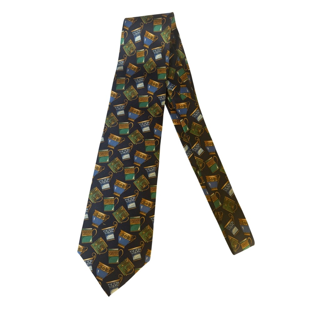 Vintage Gucci Men Tea Cups Neck Tie Navy Blue Silk Italy Luxury Designer Italian